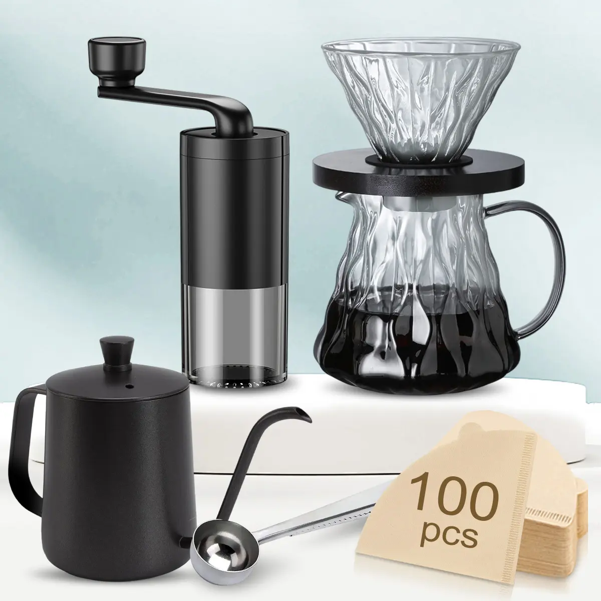 Pour Over Coffee Maker Set of 6, Includes 20oz/600ml Stainless Steel Pour Over Coffee Kettle, Manual Conical Burr Coffee Grinder, 17oz/500ml Borosilicate Glass Coffee Carafe, Glass Coffee Dripper with Wooden Stand, Coffee Spoon, V02 Filter Paper