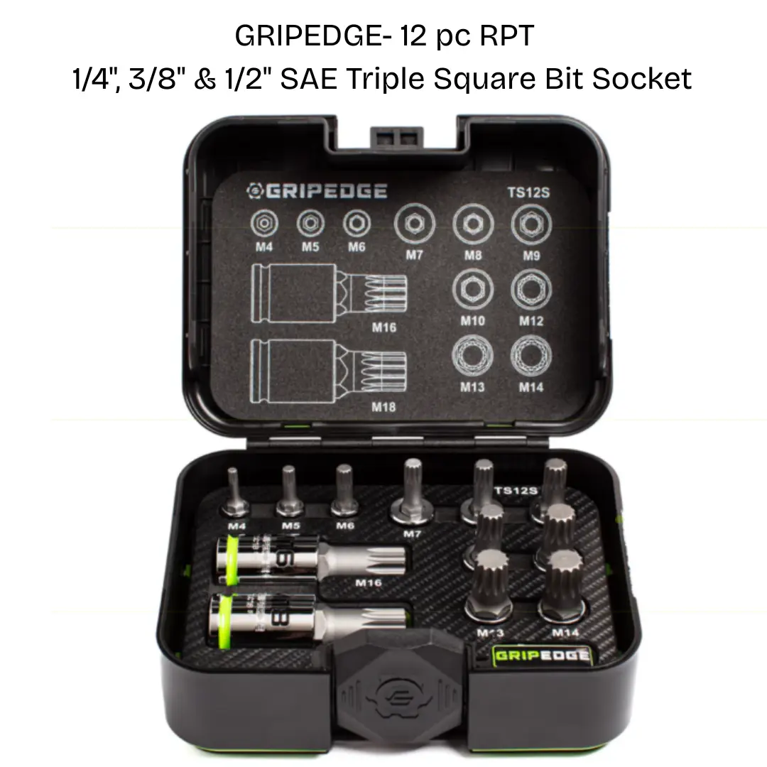 GripEdge 12-Pc RPT™ Tech Socket Kit - 1/4", 3/8" & 1/2" Drive Standard Triple Square Bit Sockets, Corrosion Resistant, Metric M4-M18