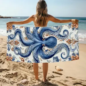 1PC Design Beach Towel,Soft,Lightweight,Blue And Orange Octopus Print On White Background,Absorbent,Suitable For Travel,Beach,Camping,Swimming Pool,Hot Spring,Swimming And Outdoor Adventures
