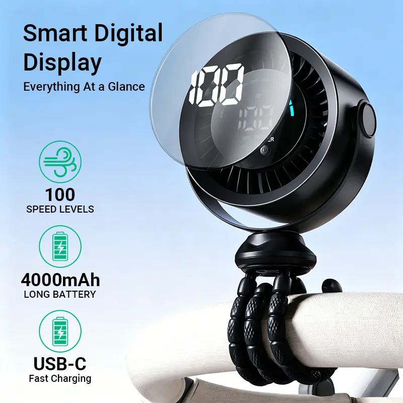 Qawtor 2026 Upgraded Clip-On Cooling Portable Fan - 0.98 lb(445g) Cordless Handheld, LED Display, Flexible Tripod, 360-Degree Adjustable, USB-Rechargeable, for Desks, Travel, Clip On Fan, 360-Degree Adjustable Portable Fans