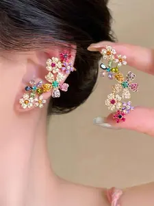 Fashion Colorful Rhinestone Decorated Flower Design Earrings, Elegant Jewelry for Party, Daily Clothing Decor, Trendy All-match & Exquisite Jewelry for Birthday Gift, Fashionable Earrings