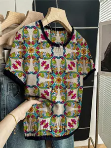 Elegant Bohemian Floral Print Round Neck Sweater, Spring Summer Fall Casual Short Sleeve Knitwear, Breathable Women's Clothing, Womenswear, Tops, Knitting