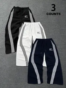 Trendy Striped Wide-Leg Sweatpants, Classic Three-Stripe Design & Star Logo Detail, All-Season Fitted Pants, Perfect for Street Style
