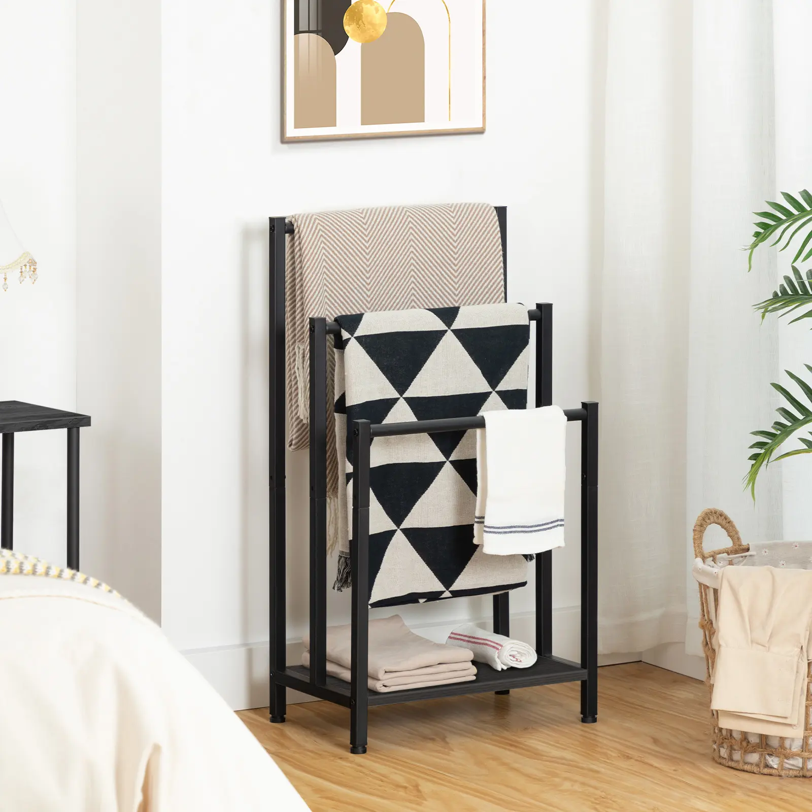 HOOBRO Free Standing Towel Rack, 3 Tier Blanket Rack, Blanket Holder for Bathroom, 16.9" L x 11" W x 31.9" H, Industrial Metal Drying and Display Rack with Shelf, Black #SummerVibes