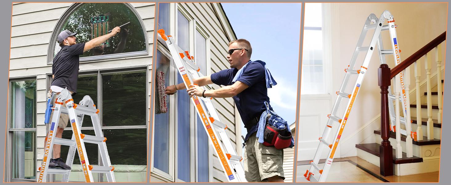 Multi-Position Extension Ladder, A-Frame Step Ladder with Stabilizer Bar & Wheels, 330LBS Security Load, Safe for Stairs, Home, Indoor, Outdoor & Roof Work