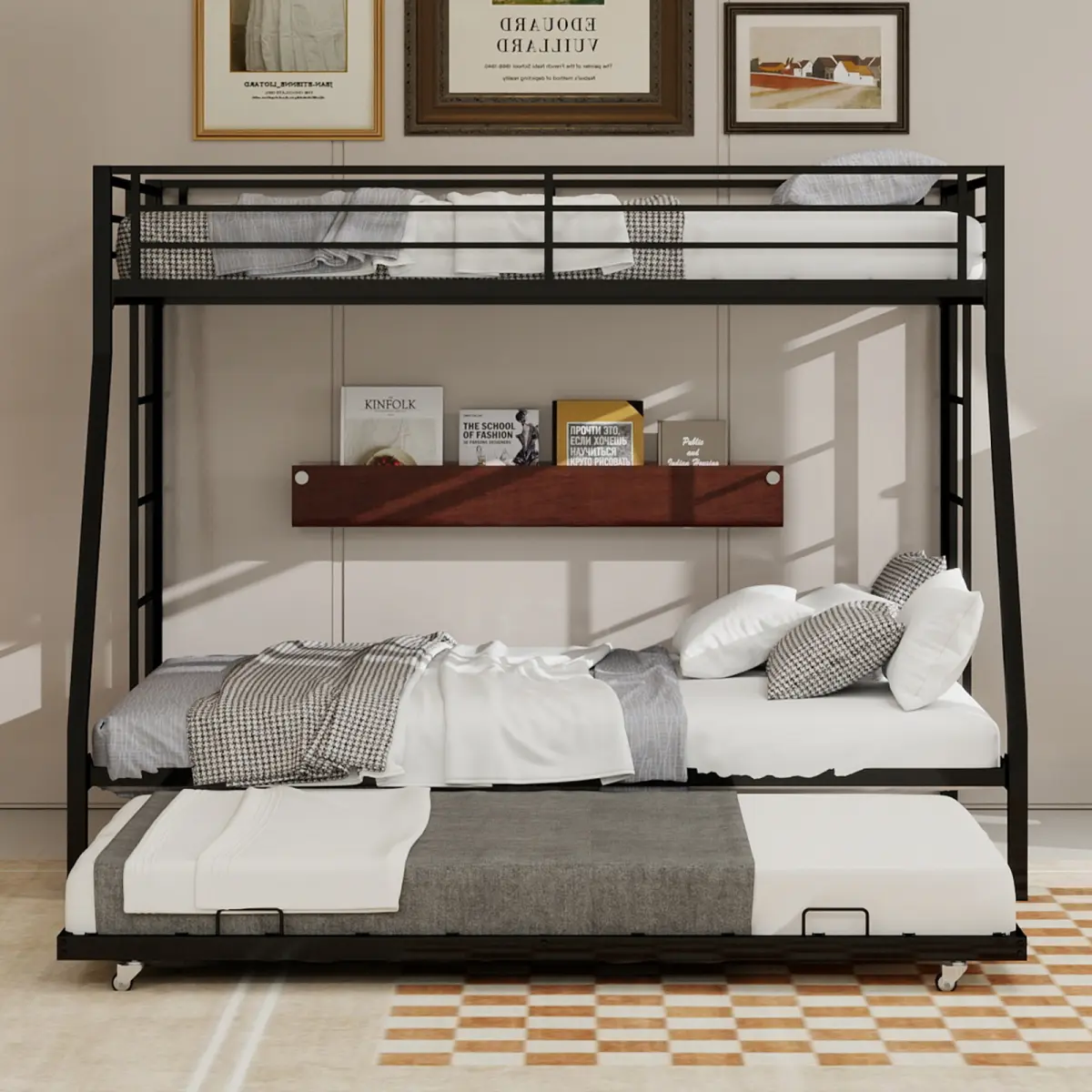 Twin Over Queen Bunk Bed with Trundle, Metal Bunk Beds with Double Secured Ladders & Surrounded Safety Guardrails, Space Saver Twin Over Queen Bunk Beds, Noise Free for Small Bedroom, Black