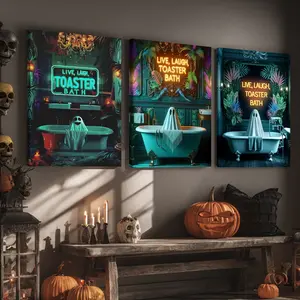3 Counts Wooden Framed Canvas, Vintage Bathroom Ghost, Halloween Home Poster, Halloween Party Decorations, Living Room And Bedroom Hanging Paintings, Horror Theme, Interesting Posters, Exquisite Gifts, High-Definition Art