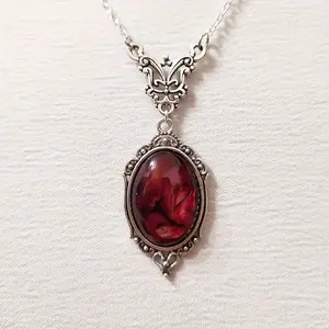 Victorian Gothic Red Pendant Necklace, Oval Red Gemstone, Women's Halloween Jewelry, Vintage Style Necklace, Fashion Accessory for Daily Wear, Faux Crystal, All-Season Wear artificial gemstone decor jewelry floating  necklace charm jewelry