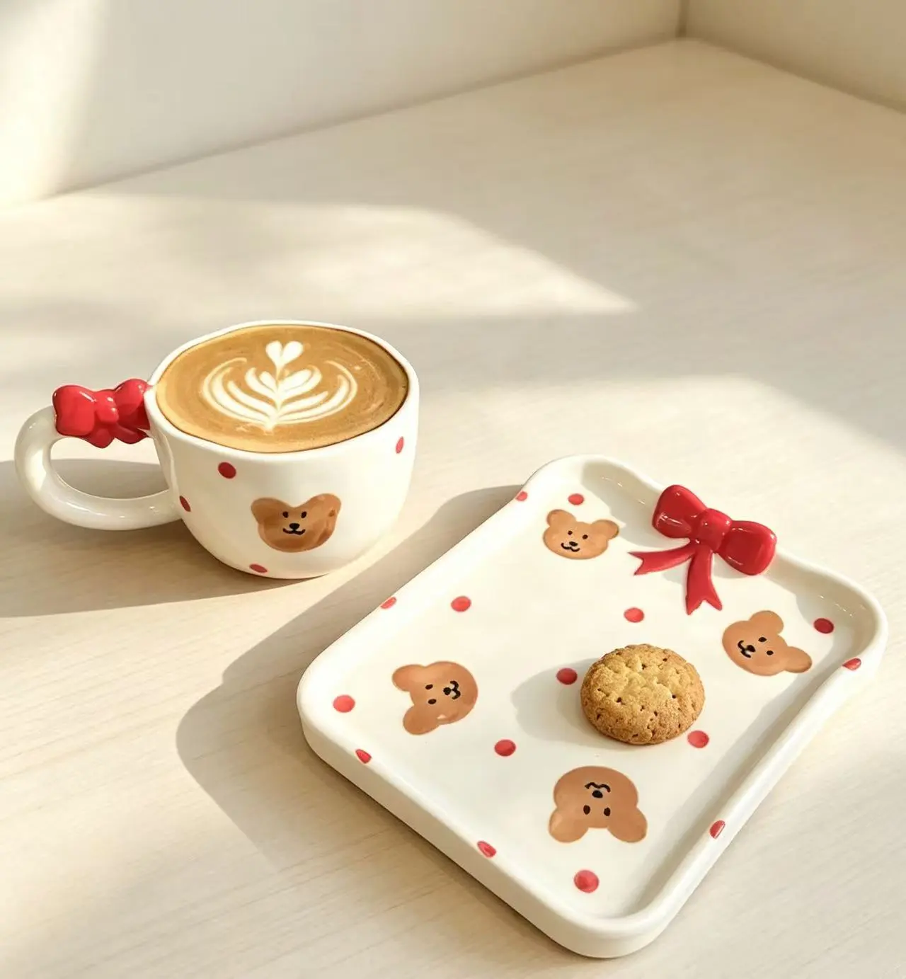 Adorable Bear Ceramic Coffee Mug with Bowknot – Large Capacity Cup with Matching Saucer for Tea, Coffee, and More