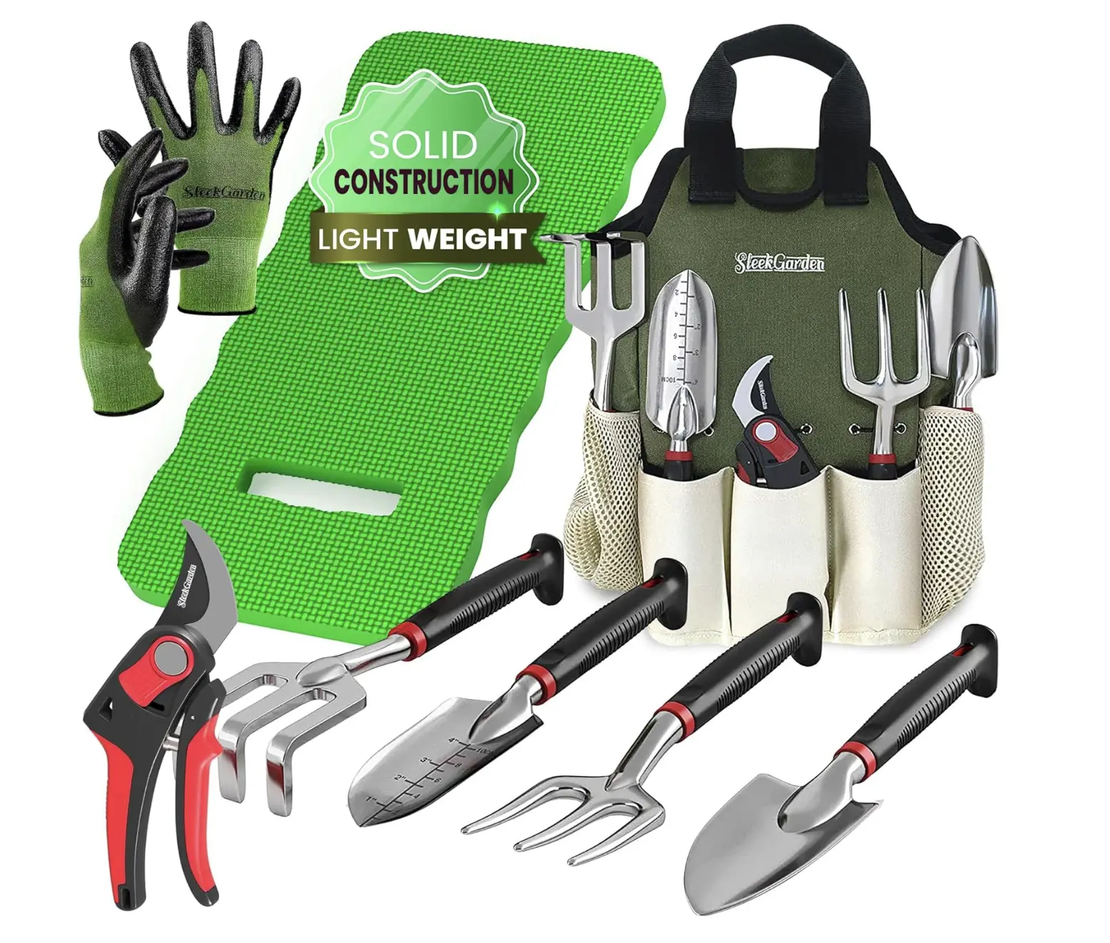 8-Piece Gardening Tool Set – EZ-Cut Pruners, Lightweight Aluminum Tools, Bamboo Gloves, Garden Tote & Knee Pad