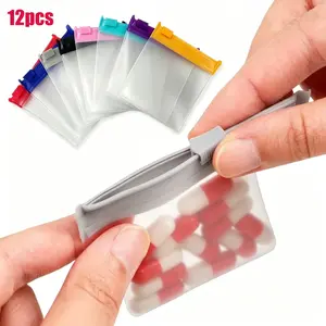 12 Piece Reusable Transparent Plastic Mini Bags, Travel Pill Organizer, Vitamin Organizer, Supplement Organizer, Self-Sealing Storage Pouches for Pills and Small Items