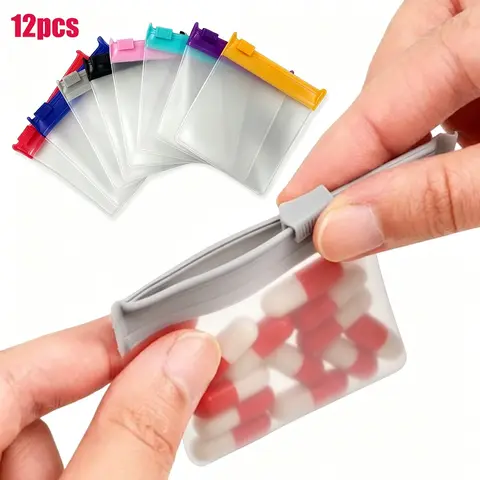 12 Piece Reusable Transparent Plastic Mini Bags, Travel Pill Organizer, Vitamin Organizer, Supplement Organizer, Self-Sealing Storage Pouches for Pills and Small Items