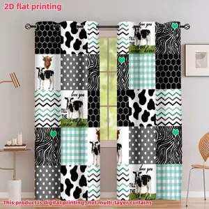 2D Flat 2Pcs Farmhouse Style Cow Print Patchwork Window Curtains with Rod Pockets, Black White Green Grid Pattern Drapes for Living Room, Bedroom, Kitchen, Dining, and Nursery, Home Decoration, Anti-Privacy, Accessory.