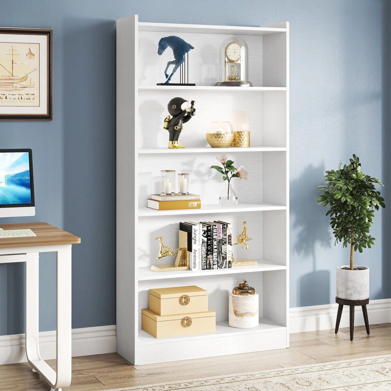 Spaco 72-in Tall 6-Tier White Contemporary Furniture Bookcase - Stable Heavy-Duty Particle Board Unit with Large Depth Open Shelving for Bedroom, Den Collectibles Storage