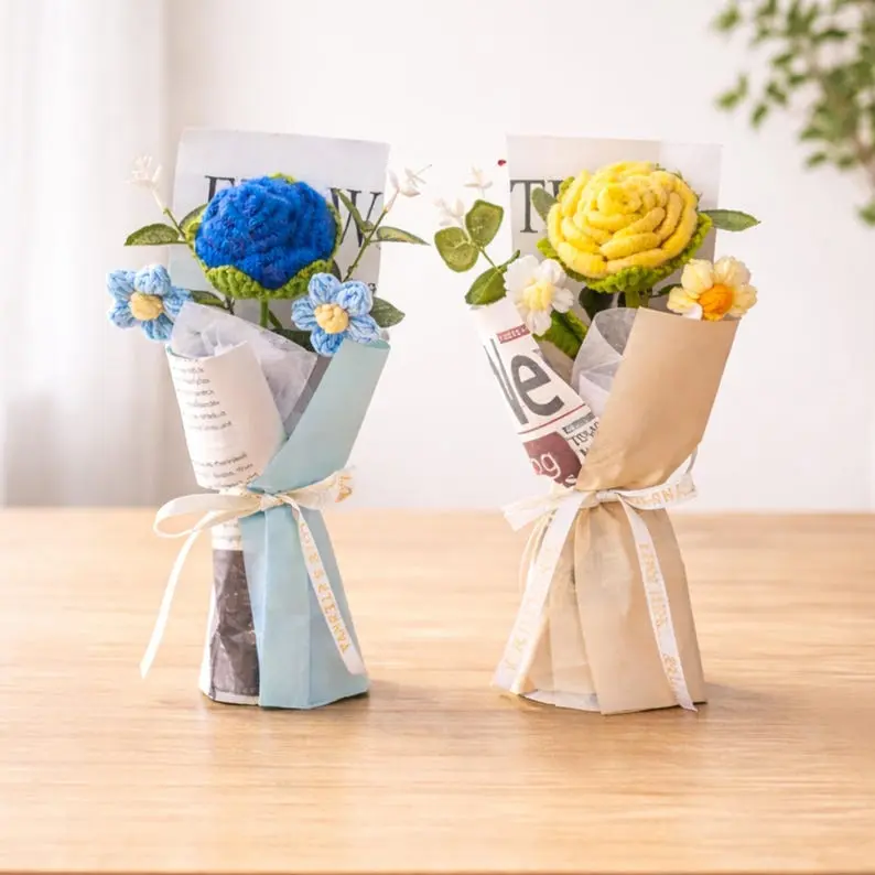 Crochet Flower Bouquet Handmade, Knitted Flower Gift, Thank You Teacher Gift, Teacher Appreciation Gift, Cute Teacher Gift