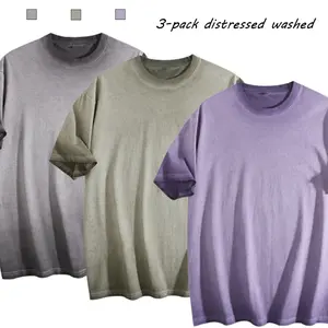 3pack of heavyweight washed men's T-shirts, retro faded oversized crew neck T-shirts, casual and loose fit, suitable for everyday wear, street style retro washed shirts, comfortable drop shoulder design, suitable for sports, travel, casual parties, c