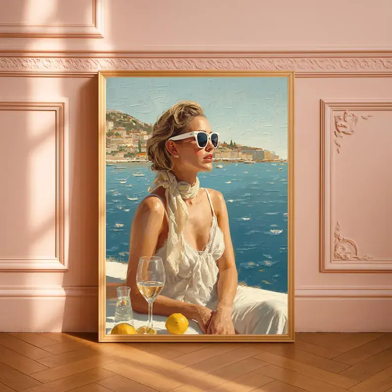 Unframed Mediterranean Coastal Woman Paper Poster - Amalfi Coast Wall Art, Italian Summer High-Res Paper Print, Elegant Fashion Home Decor, Quiet Luxury Living Room Decor, Digital Photo Gift for Her