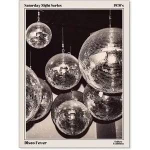 70s Disco Ball Newspaper Wall Art Vintage Black and White Art Poster Hipster Aesthetic Canvas Print Retro Bar Cart Decor for Bar Bedroom