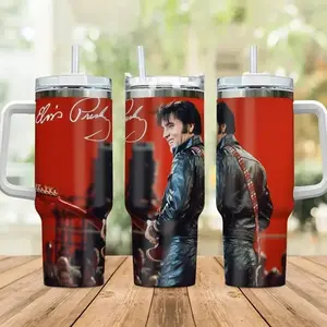 Elvis Presley 40oz Insulated Tumbler With Handle & Straw, Vintage Rock N Roll King Of Rock Music Fan Gift, 1968 Comeback Special Leather Jacket Stainless Steel Travel Mug, Retro Singer Signature Graphic Cup For Men Women