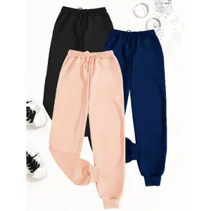 3-Pack 100% Polyester Knit Fabric Solid Color Drawstring Joggers with Pockets, All-Season Casual Elastic Waist Pants for Women - Middle-Eastern Style Regular Fit Lounge Trousers