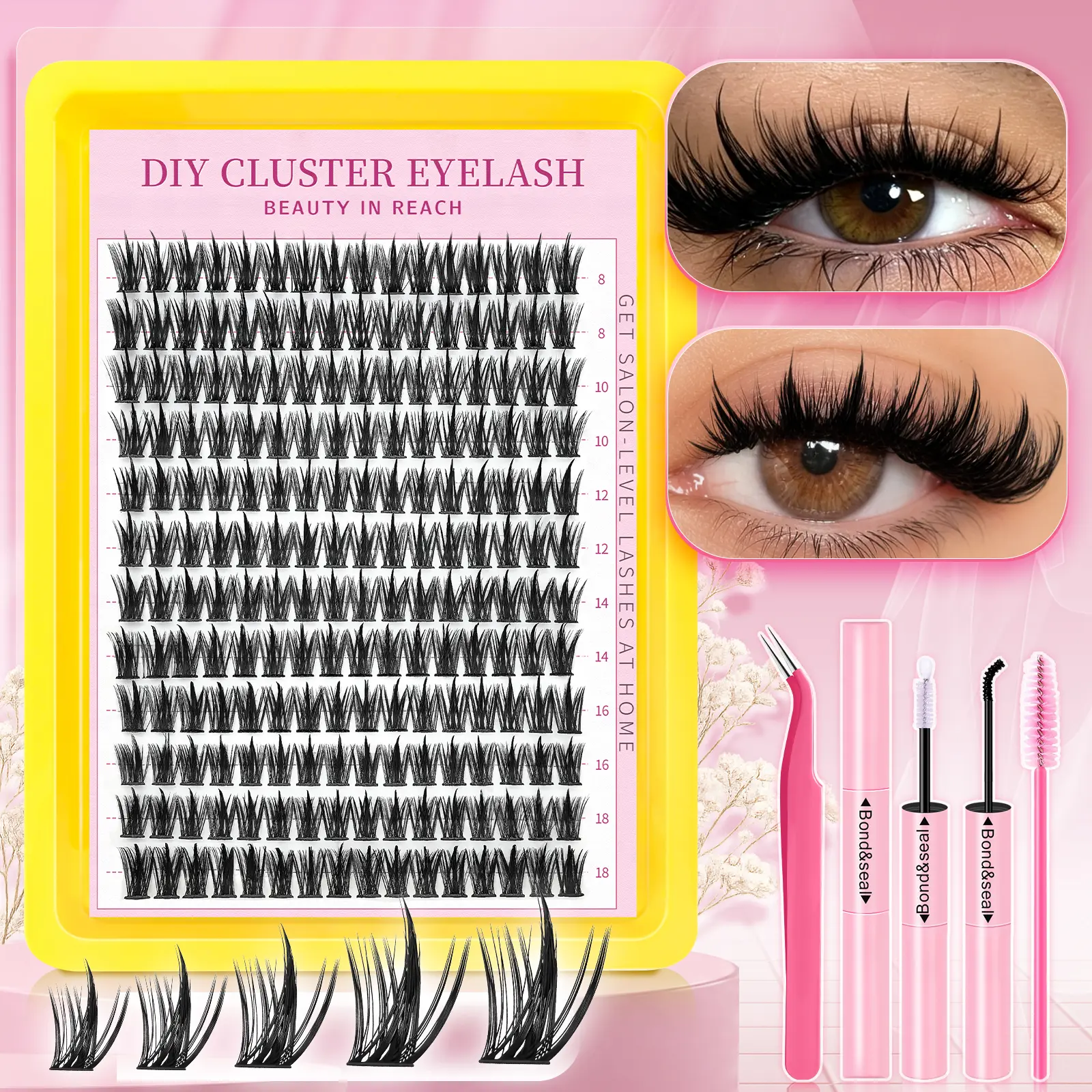 Natural Fairy Lash Clusters Kit Invisible Band Manga Lashes with Lash Bond & Seal + Eyelash Applictor, Anime C/D Curl Fluffy Long-lasting False Eyelashes Extension Kit for Beginner (Fairy-8-16mm Mixed Length) - Waterproof & Reusable DIY Lash Makeup Tools