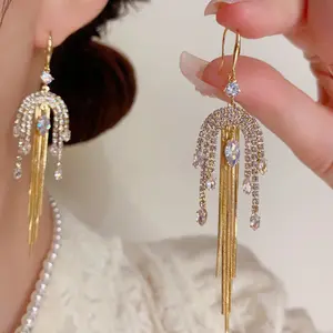 Light Luxury Fashion High-End Full Diamond Geometric Long Tassel Earrings DDES0770 Exquisite, Versatile, Elegant And Super Sparkling Earrings 14K Gold-Plated