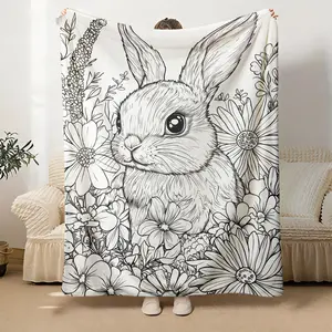 Single-Piece Floral Rabbit Patterned Outdoor Portable Blanket Lightweight Home Decor Bedding for Travel Camping Living Room Office Sofa Chair Bed Soft Warm Fabric Digital Printing，cartoon blanket，retro hand-painted fashionable blanket nap blanket comfy