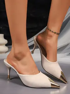 Women's 2026 Hot Trending Metal Cap Detail Suede Mule Pumps, Pointed Toe Stiletto Heel Shoes, Elegant All-match Footwear for Party, Office & Evening Occasions, Fashion Dress Heels, Slide Sandals for Women & Girls