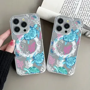 Transparent Magnetic Acrylic Phone Case with Cute Sea Turtle Starfish Pattern for iPhone 17 16 Pro Max 15 14 Plus 13 12 11 Pro Slim Fit Shock Resistant Fashionable Unisex Cover