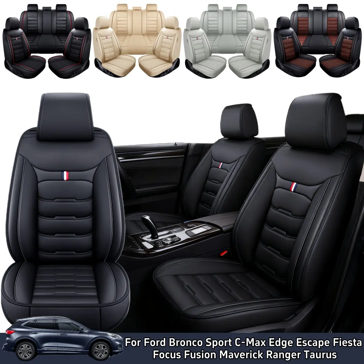 For Ford Bronco Sport 2021-2023/ C-Max 2013-018/ Edge 2007-2023/ Escape 2001-2023/ Fiesta 2011-2019/ Focus 2009-2018/ Fusion 2010-2020/ Maverick 2022-2023/ Ranger 2019-2021/ Taurus 2002-2019 Car 5 Seat Covers Premium Leather Front Rear Full Set Cushion