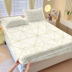 3pcs White Gold Geometric Print Fitted Sheet Set, Minimalist Elegant Bedroom Decor, Soft Breathable Fabric, Deep Pocket Fit, All-Season Use, Perfect Gift