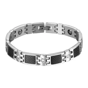 Men's Magnetic Bracelet Bangle: Black Silver 2024 Power Energy Link Novelty Stainless Steel Carbon Fiber Zircon Cuff Bracelets for Valentine's Day Father's Day Birthday Gifts