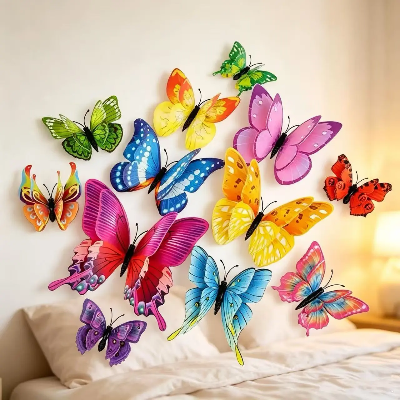 12-piece set of 3D double-layer butterfly wall stickers, magnetic self-adhesive dual-use waterproof PVC decorative decals for girls’ rooms, Thanksgiving home DIY wall stickers
