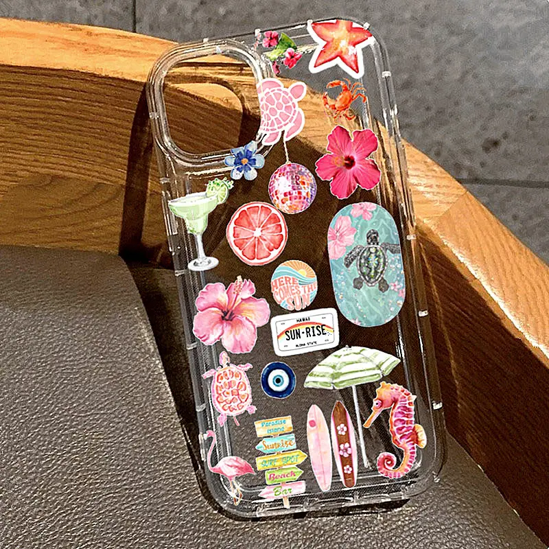 Floral surfboard pattern transparent phone case with airbag Drop Proof TPU protective cover, suitable for iPhone 17/16/15/14/13/12/11/X/XS/XSMAX/17E, is a perfect gift for friends, family, or personal use., Flower, Accessories, Casing,summerwins summerwin