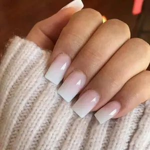 KQueenest Ombre Pink Press on Nails Short Medium Square Glue on Nails White and Pink, French Fake Nails Short Coffin, Acrylic Nails Press on, Gradient Gel Nails For Women Valentines 24 Pcs