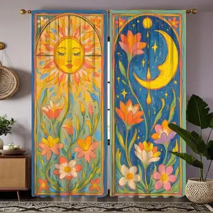 2 Piece Boho Sun and Moon Floral Print Curtains, Window Curtain, Olive Filtered Polyester Rod Pocket, Bedroom Living Room Kitchen Study Decor