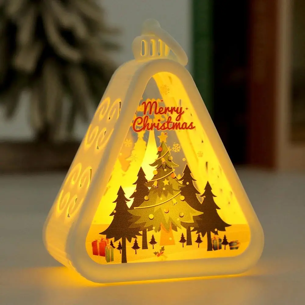 Festive Plastic Christmas Triangle Lantern - 1-Piece Mini Table Decor with Santa Claus, Snowman, Tree Heat Print Designs, Home Decoration, Party Prop