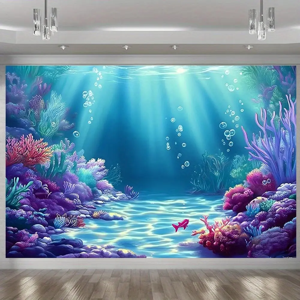 1pc Glam Durable 2D Flat Ocean Scene Banner - Polyester Wall Backdrop with Soft Texture, Coral Reefs, Fish, Bubble Accents, White Ornaments, Machine Washable Indoor Photo Prop for Home Wall Decor, Flat Banner
