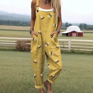 Women's Patchwork Dual Pocket Jumpsuit Loose Floral Print Bohemian Wide Leg Bib Overall