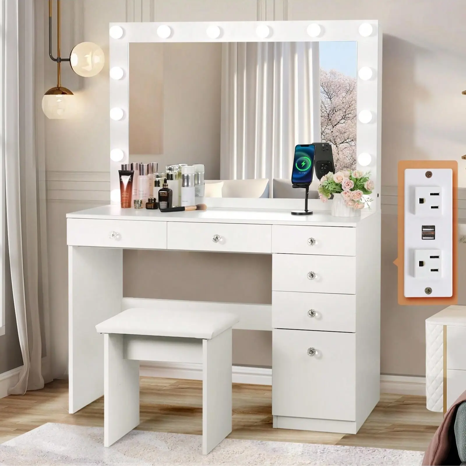 Modern White Backlit Built-In Illuminated LED-Lit Drawers Makeup Vanity Desk Set with Outlet, Adjustable Color-and-Brightness Bulbs, Mirror, 5 Drawers, 1 Cabinet, Ample Storage, and Included Stool, Backlit Makeup Vanities, Built-In Makeup Vanities