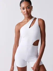 Cut Out One Shoulder Ribbed Onesie White
