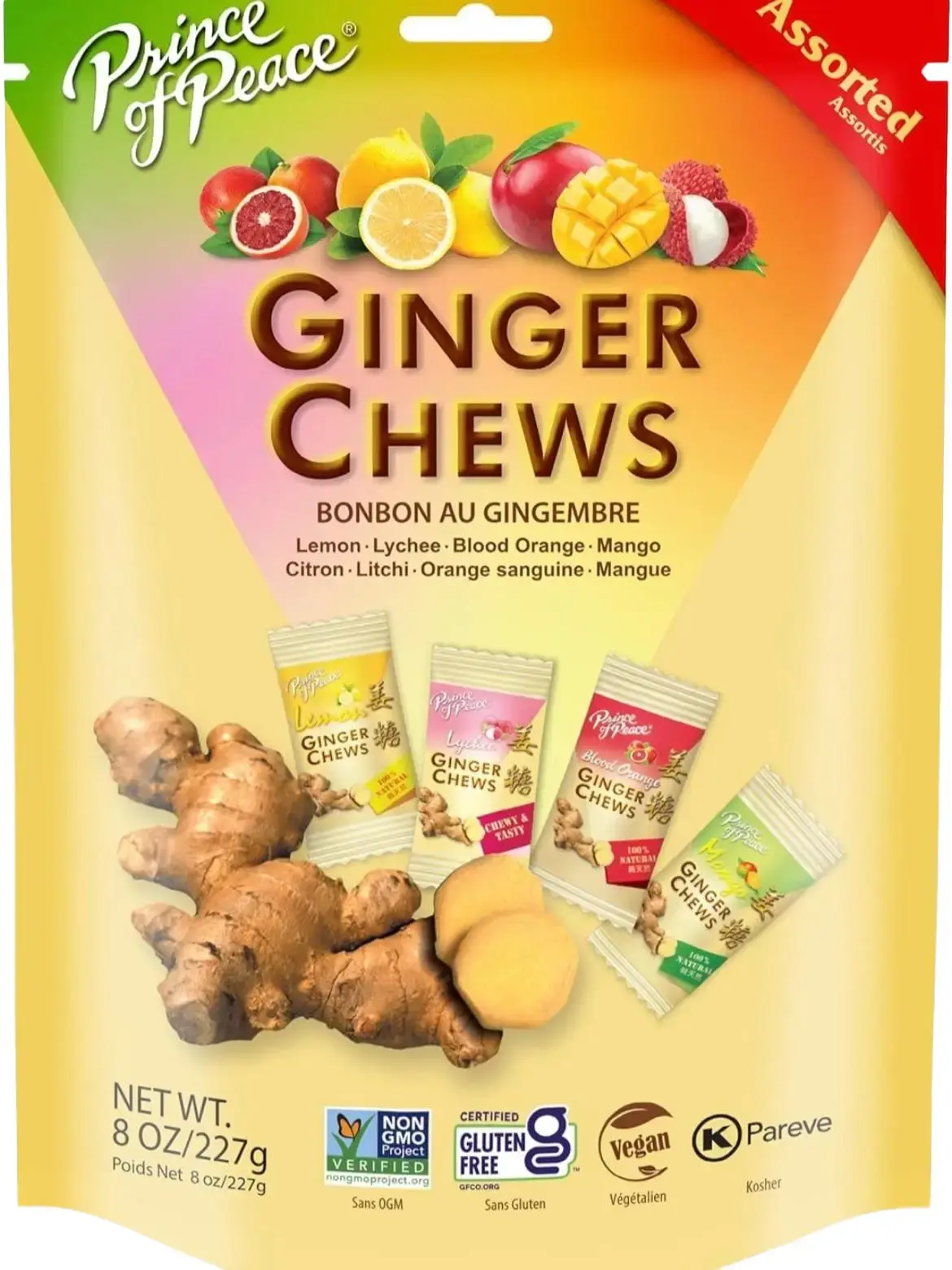2 PACK Prince of Peace Assorted Ginger Chews 8 oz - Gluten-Free Vegan Lemon Lychee Mango Orange Flavors - 227g Bag - Made in Indonesia