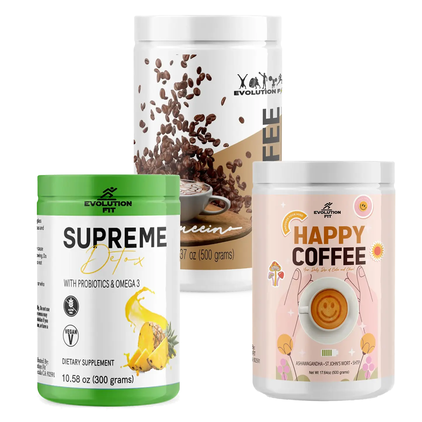 Trio Happy Coffee/Supreme Detox/ Cappuccino Trio Happy Coffee/Supreme Detox/ Cappuccino