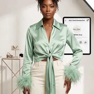 Sage Feather Blouse - Elegant Satin Top with Feather Cuffs and Knot Front Design for Women