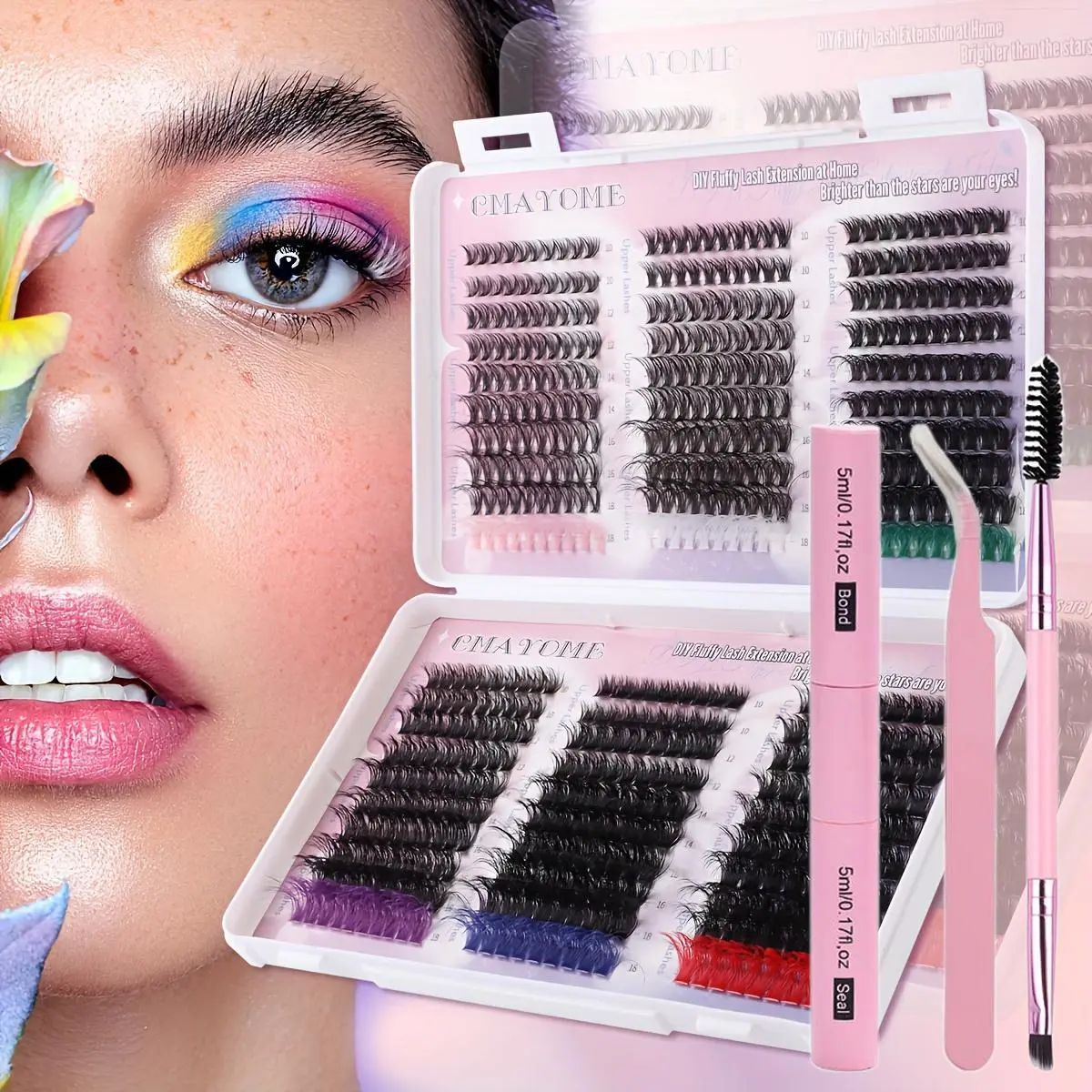571pcs DIY eyelash bundle kit, Eyelash Clusters Kit - Eyelash Extensions, color blend, D-roll adhesive and sealed independent eyelashes, brush and tweezers - beginner friendly, reusable, length 9-16mm, Eyelash Set