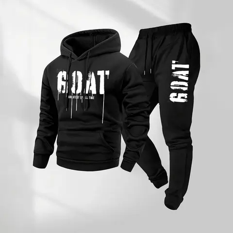 Men's 2-Piece Goat Print Hoodie & Drawstring Track Pants Set with Pockets, Long-Sleeve Hooded Jacket & Jogger Pants, Workout Set, Sweat Suit, Sporty Style Fall-Winter Sportswear for Indoor & Outdoor Activities, Tracksuit Set