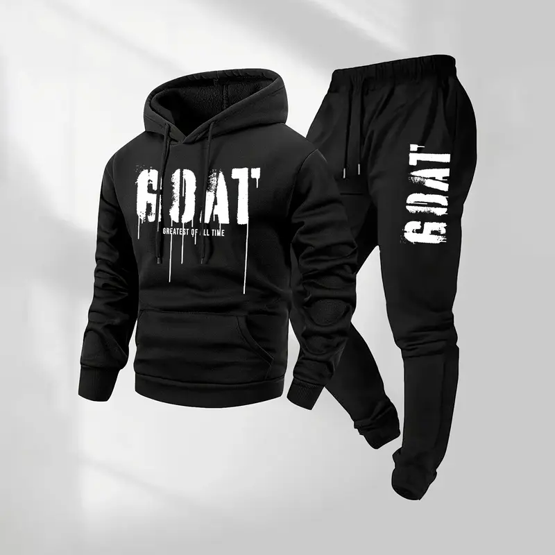 Men's 2-Piece Goat Print Hoodie & Drawstring Track Pants Set with Pockets, Long-Sleeve Hooded Jacket & Jogger Pants, Workout Set, Sweat Suit, Sporty Style Fall-Winter Sportswear for Indoor & Outdoor Activities, Tracksuit Set
