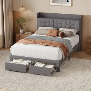 Upholstered Storage Bed with 2 Large Rolling Drawers, 800 lbs Weight Capacity, Headboard Shelves, Sturdy Metal Frame, Full/Queen/King, Beige/Gray