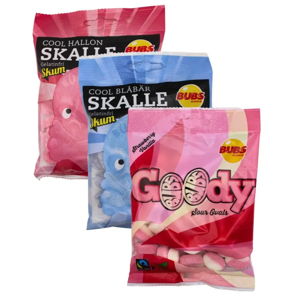 BUBS Swedish Candy Sour Fruit Gummy Candy 3 Pack - 90g Each - Strawberry Vanilla Ovals, Sour Blueberry & Pink Raspberry Foam Skull Gummy - Perfect for
