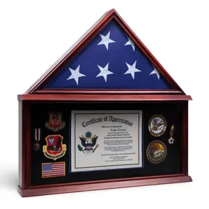 Large Military Shadow Box Frame Memorial Burial Funeral Flag Display Case for 5' X 9.5' Flag, Solid Wood (Cherry)